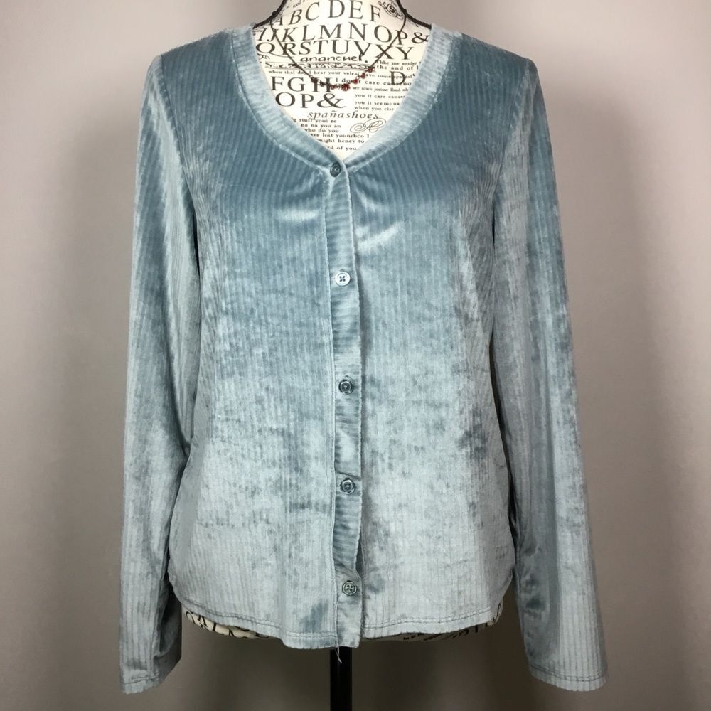 Lucky Brand aqua velvet ribbed long sleeve button down 90s y2k fairy sz Medium